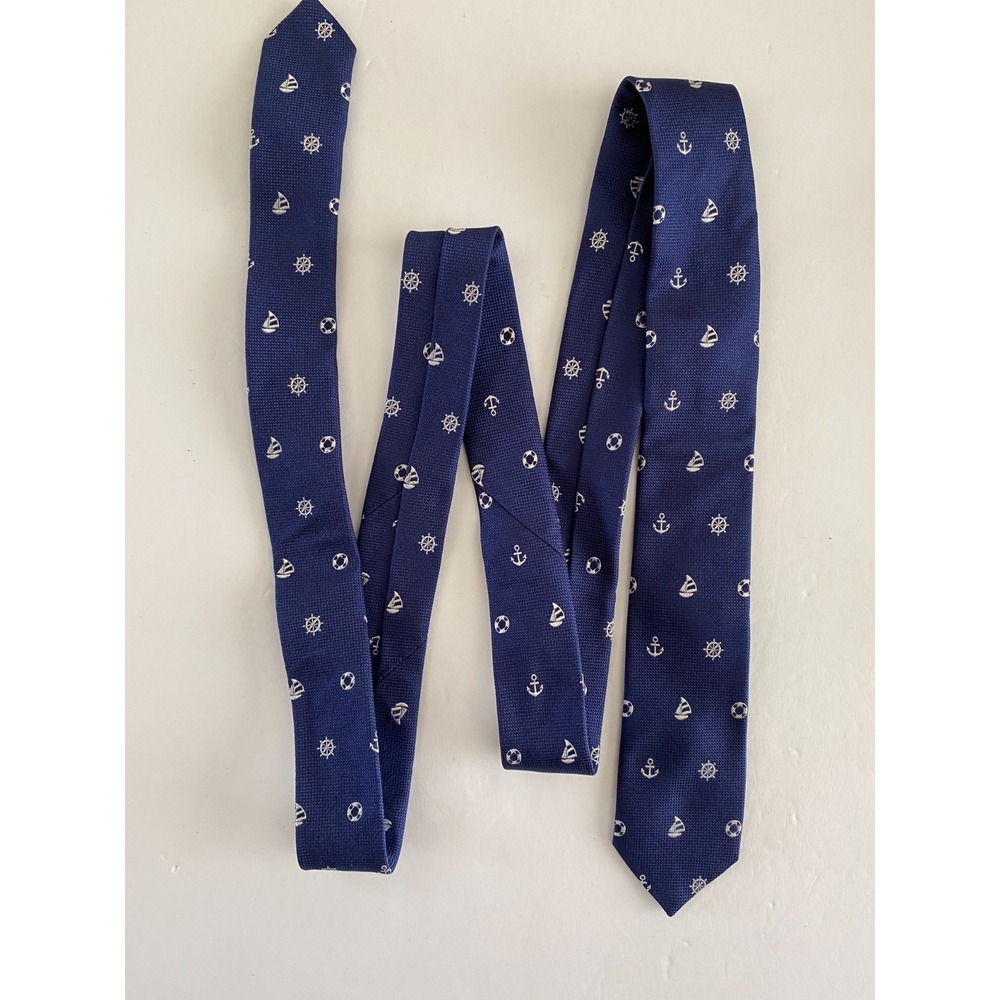 Zara Man Skinny Tie Blue Nautical Anchor Sailboat Wheel Italian Fabric #61 - Picture 3 of 4